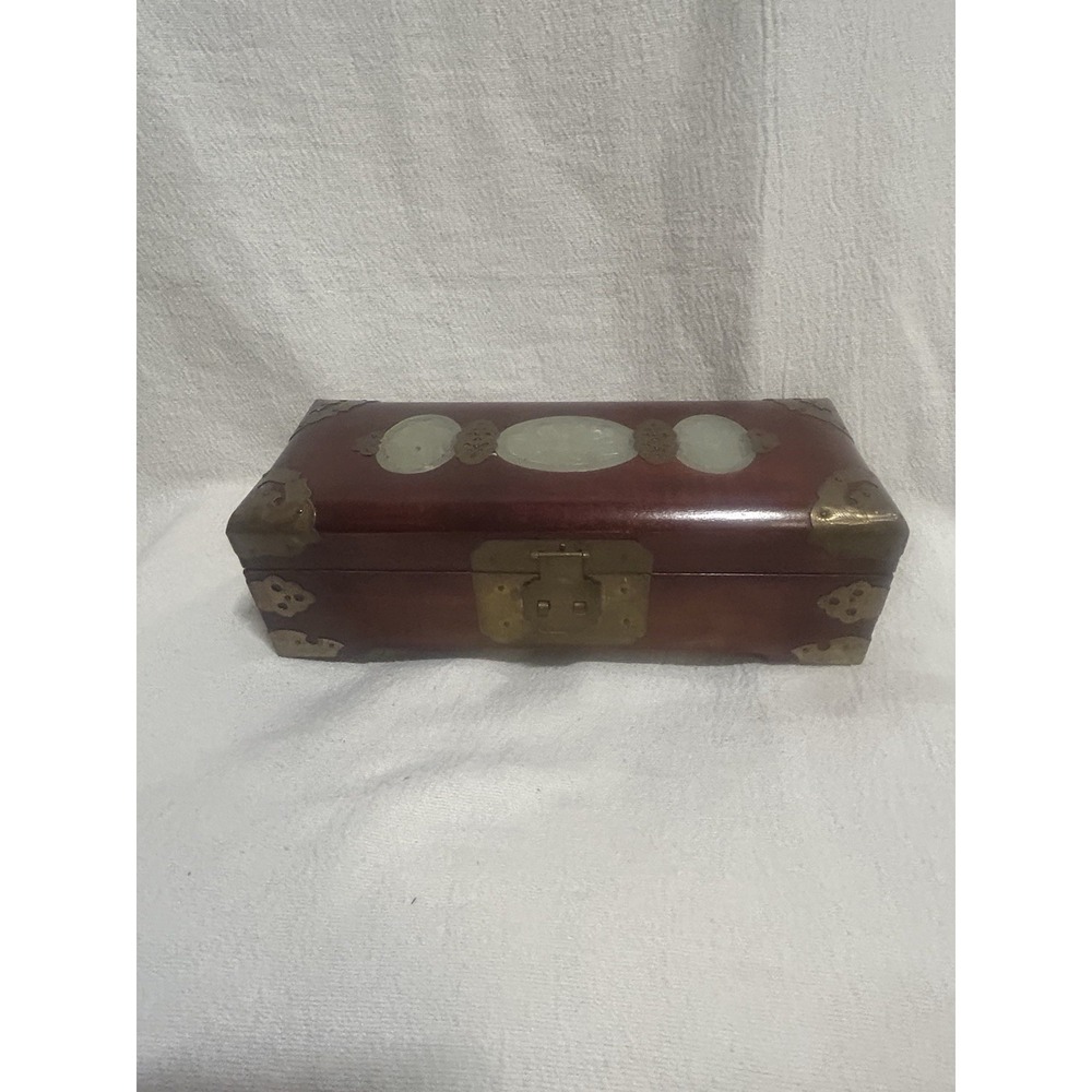 Vintage Shanghai China Rose Wood Jewelry Box Ornate Brass White Jade Silk Lined
